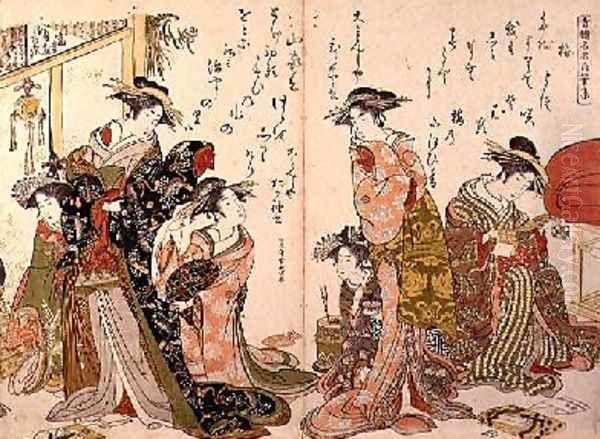 Courtesans at leisure from the Autographs of Yoshiwara Beauties 1780 Oil Painting by Kitao Masanobu