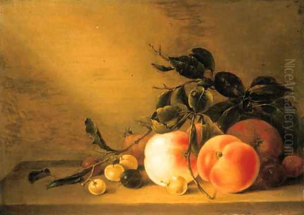 Peaches and other fruit an apple, an apricot, plums and cherries by Jacob Matham