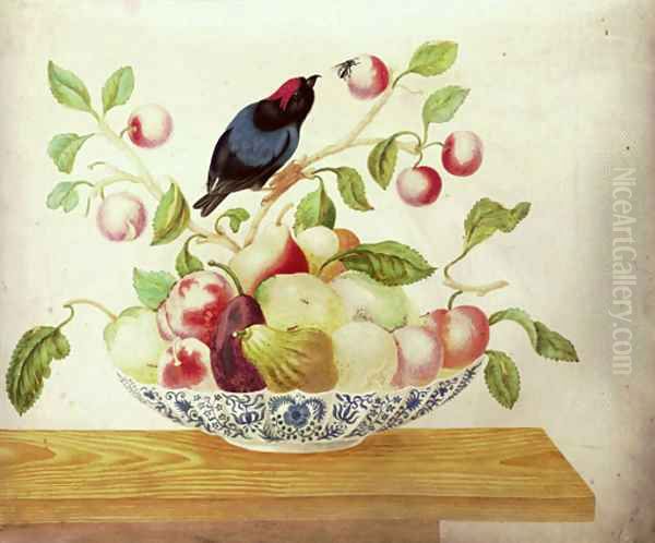 Still life with a Bee-eater perched a branch arranged in a Delft bowl with cherries, pears, apples, peaches and figs Oil Painting by Maria Sibylla Merian