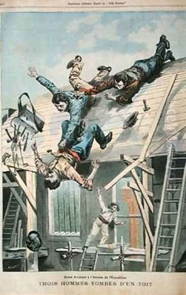 Three men falling from a roof from Le Petit Parisian Oil Painting by Fortune Louis Meaulle