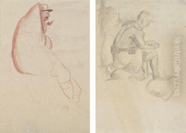 I) Soldier With Cape & Sketch Of A Soldier - A Double-sided Work Oil Painting by Otto Gutfreund