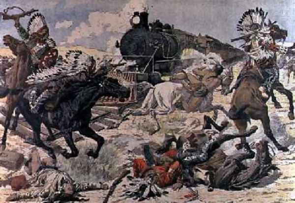 A Train Attacked by a Tribe of Red Skins in Arizona illustration from Le Petit Journal 1906 Oil Painting by Fortune Louis Meaulle