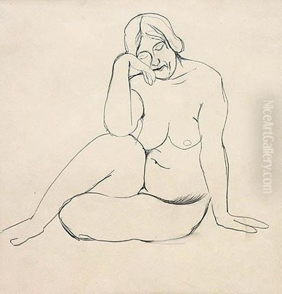 Seated Female Nude Oil Painting by Otto Gutfreund