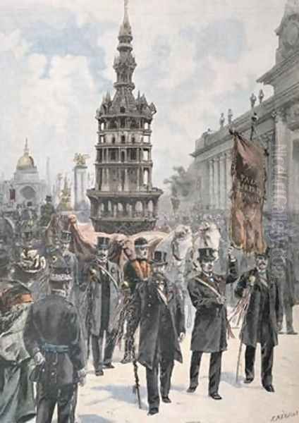 Parade of the Master Work of the Carpenters before the Grand Palais illustration from Le Petit Parisien 1900 Oil Painting by Fortune Louis Meaulle