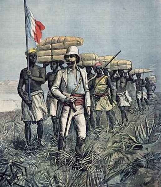 Lieutenant Mizon 1853-99 on his 1892 Mission of Exploration of the River Benue Area in Nigeria from Le Petit Journal July 1892 Oil Painting by Fortune Louis Meaulle