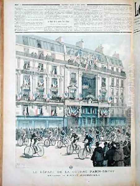 The start of the Paris Brest bicycle race in front of the offices of Le Petit Journal Oil Painting by Fortune Louis Meaulle