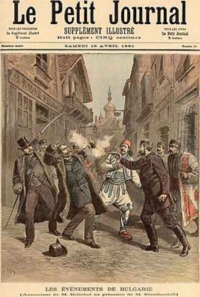 Events in Bulgaria The Assassination of Mr Beltchef in the Presence of Stefan Stambolov 1854-95 from Le Petit Journal 18th April 1891 Oil Painting by Fortune Louis Meaulle