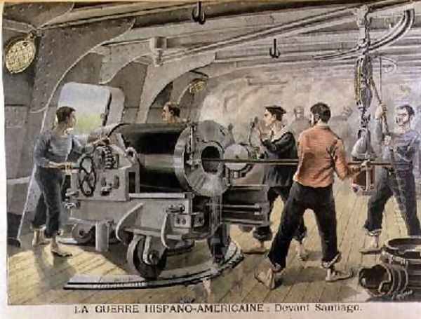 Manoeuvering of a Cannon by the Spanish Marines in front of Santiago Cuba illustration from Le Petit Journal June 1898 Oil Painting by Fortune Louis Meaulle