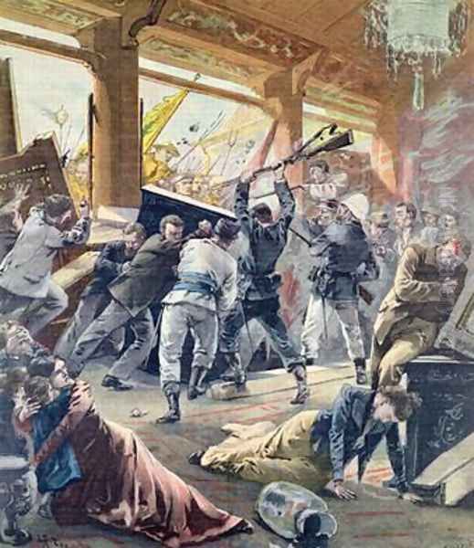 The European Legation Besieged by the Chinese Rebels in Peking from Le Petit Parisien Oil Painting by Fortune Louis Meaulle