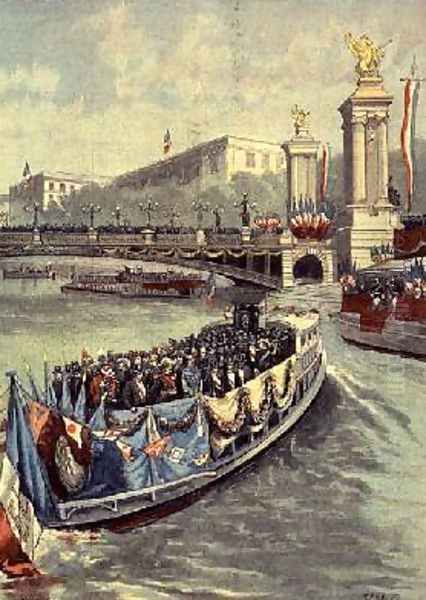 The Opening of the Exhibition The Official Flotilla from Le Petit Journal April 1900 Oil Painting by Fortune Louis Meaulle