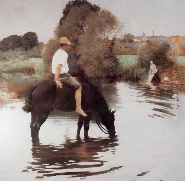 Jeune paysan faisant boire son cheval (Young Peasant Taking His Horse to the Water Hole) Oil Painting by Jules Alexis Muenier