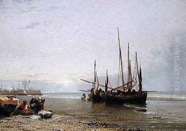 Luggers on the Beach at Treport 1885 Oil Painting by Arthur Joseph Meadows