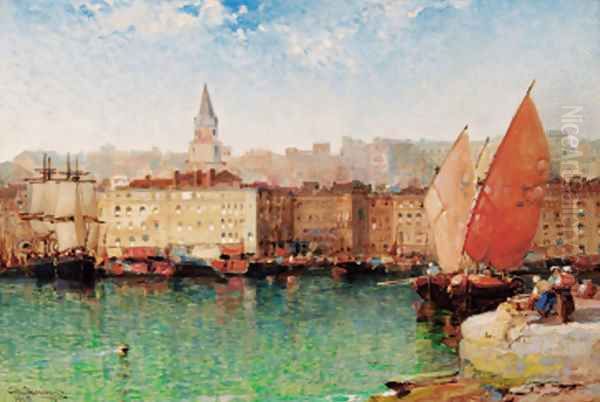 Marseilles Harbour Oil Painting by Arthur Joseph Meadows