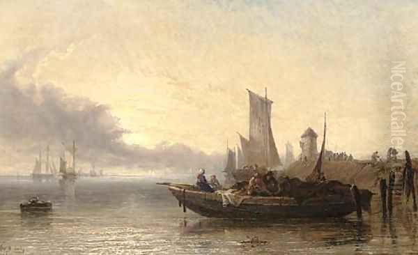 Dutch market boat - River Dort, early evening Oil Painting by Arthur Joseph Meadows