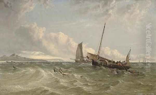 Poole trawlers dragging in their nets of the mouth off the Fal with Pendennis Castle on a promontory beyond Oil Painting by Arthur Joseph Meadows