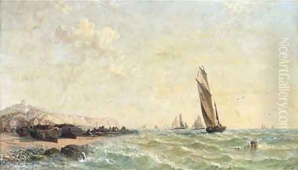 The Calais fishing fleet in coastal waters Oil Painting by Arthur Joseph Meadows