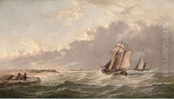 Dutch barges running inshore in a stiff breeze Oil Painting by Arthur Joseph Meadows