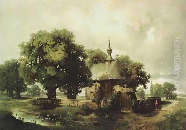 Landscape with a Church Oil Painting by Wladyslaw Aleksander Malecki