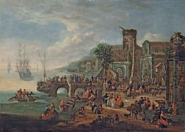 A capriccio of a port with elegant figures Oil Painting by Theobald Michau