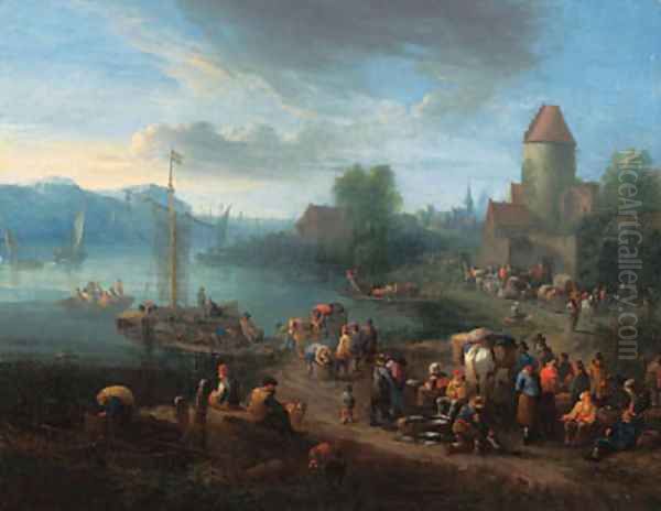 A port on an estuary with fishermen unloading their catch Oil Painting by Theobald Michau