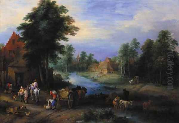 A village by a river with peasants unloading a cart Oil Painting by Theobald Michau