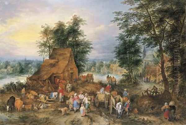 A village scene with peasants at work Oil Painting by Theobald Michau