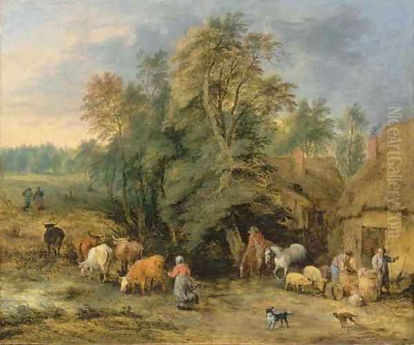 A landscape with peasants and drovers outside cottages Oil Painting by Theobald Michau