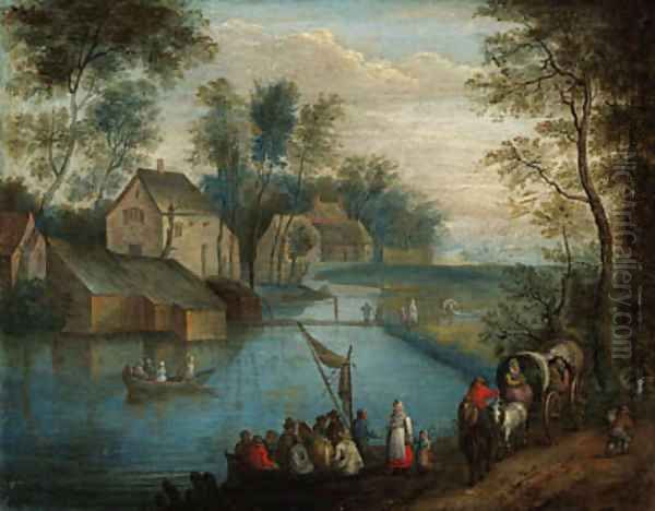 A river landscape with travellers on a path and peasants boating, a village beyond Oil Painting by Theobald Michau