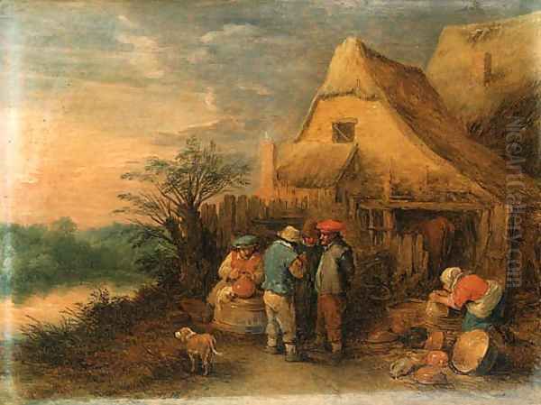 Peasants drinking and smoking outside farms Oil Painting by Theobald Michau