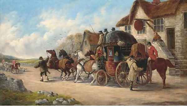 A mail coach outside the Old Fox Inn, a hunt beyond Oil Painting by John Charles Maggs