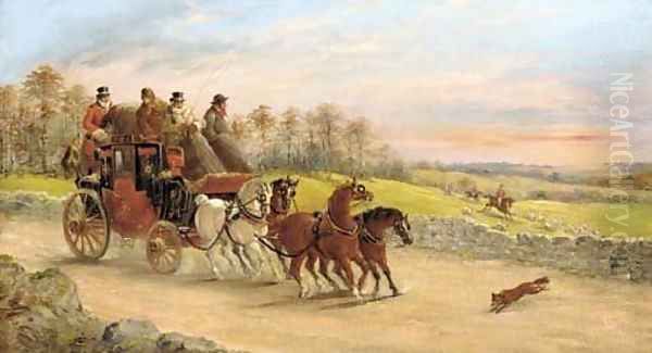 A Bristol to London mail coach with a hunt beyond Oil Painting by John Charles Maggs