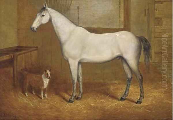 A grey with a terrier in a stable Oil Painting by John Charles Maggs