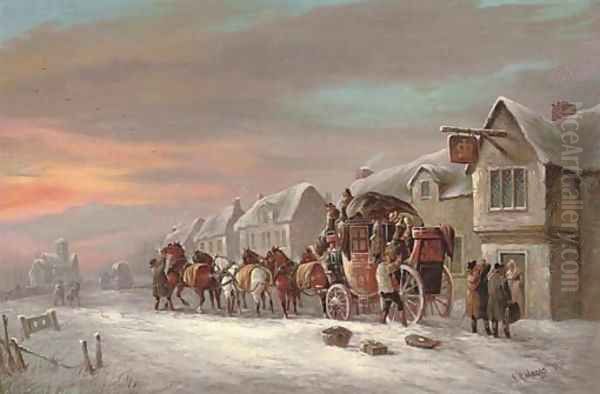 The Bristol to London Red Rover outside the Crown Inn Oil Painting by John Charles Maggs