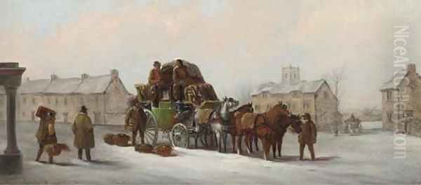 The Bristol, Bath and London Coach in snow before an inn; and The Bath, Reading and London coach in a snow-covered market place Oil Painting by John Charles Maggs