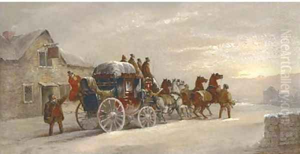 The London to Manchester mail coach outside The Sun Inn Oil Painting by John Charles Maggs