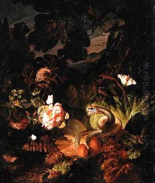 Flowers Snake and Butterflies Oil Painting by Otto Marseus van Schrieck