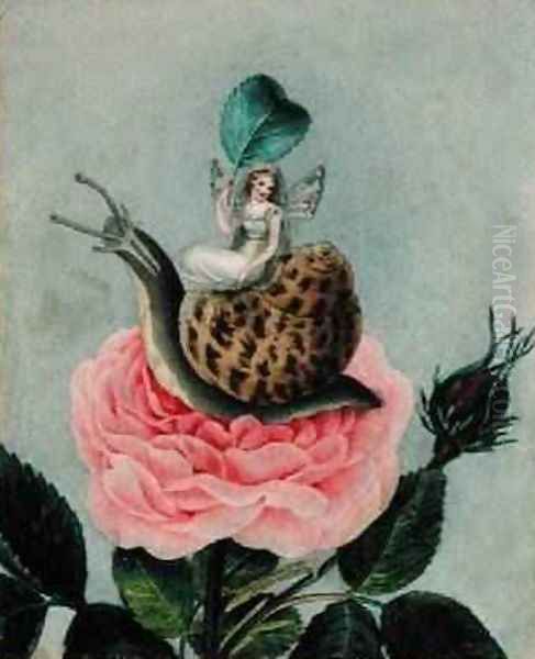 A fairy holding a leaf sitting on a snail above a rose 1817-29 Oil Painting by Amelia Jane Murray