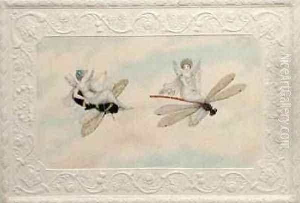 Two fairies flying through the air one seated on a bee and the other on a dragonfly 1817-29 Oil Painting by Amelia Jane Murray