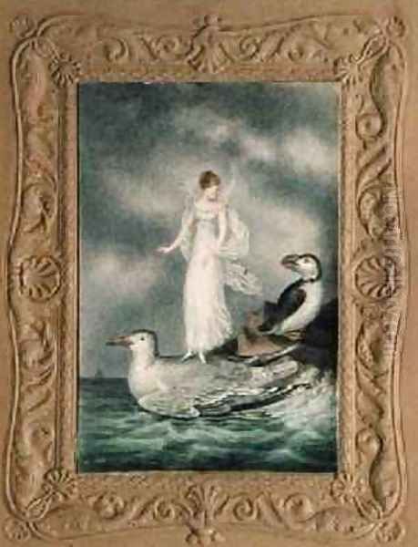 A fairy standing on the back of a guillmot watched by a puffin 1817-29 Oil Painting by Amelia Jane Murray