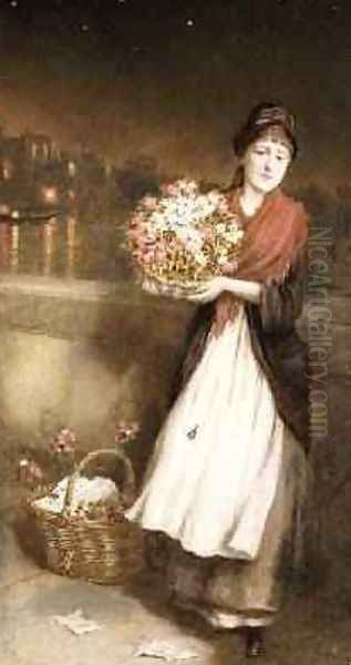 A London Flower Girl 1877 Oil Painting by Augustus Edward Mulready