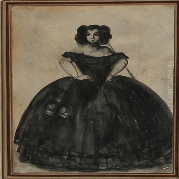 Woman In A Black Crinoline Dress Oil Painting by Constantin Guys