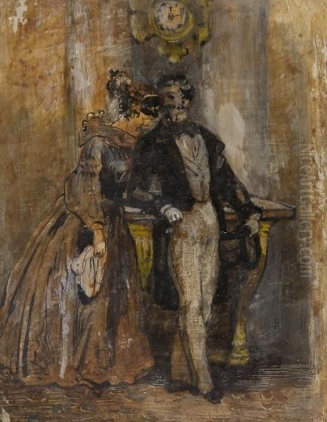 A Couple Standing By A Fireplace Oil Painting by Constantin Guys