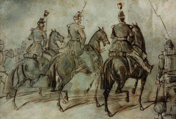 Trois Militaires A Cheval Vus De Dos Oil Painting by Constantin Guys