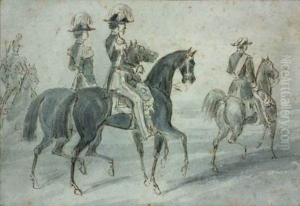 Trois Officiers A Cheval Et Un Cavalier Oil Painting by Constantin Guys