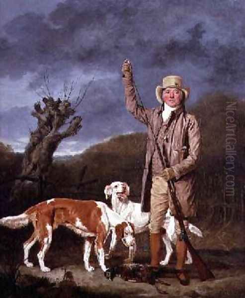 A Sportsman loading a flintlock gun with two retrievers and a dead pheasant in a landscape Oil Painting by Benjamin Marshall