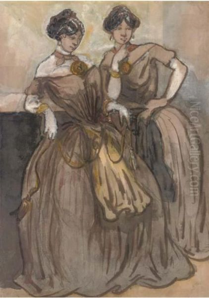 Two Elegant Ladies Of Fashion Oil Painting by Constantin Guys