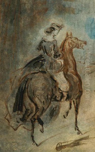 Young Woman On Horseback Oil Painting by Constantin Guys