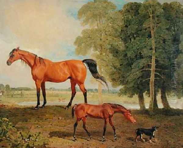 Broodmare with Foal and Terrier Oil Painting by Benjamin Marshall