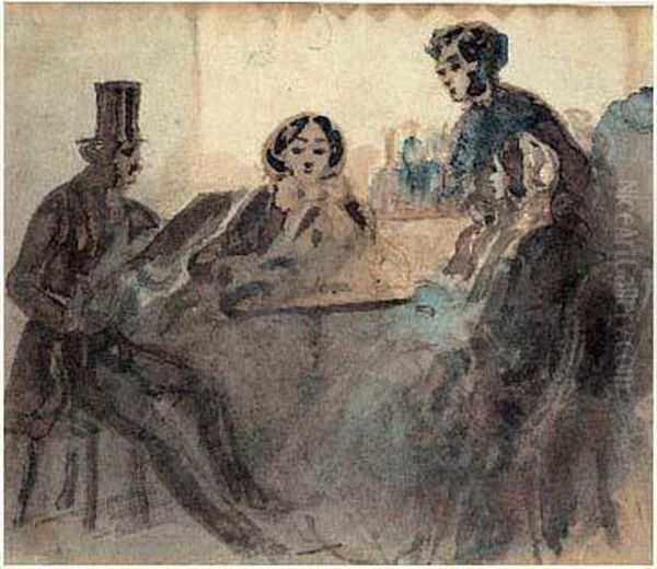 Deux Femmes Et Un Homme Dans Un Cafe Oil Painting by Constantin Guys