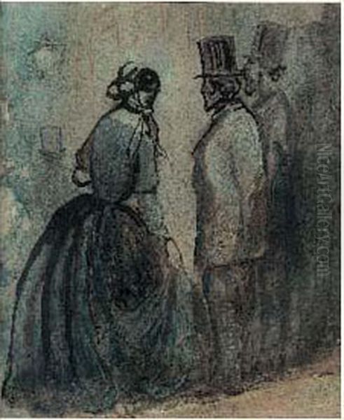 Deux Hommes Et Une Femme Conversant Dans La Rue Oil Painting by Constantin Guys